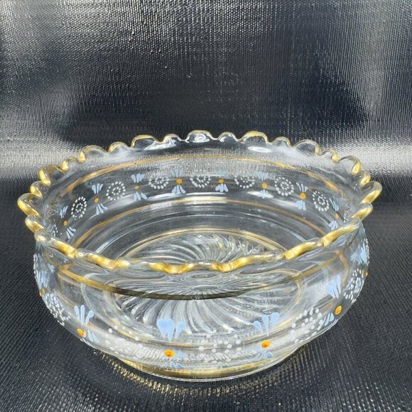 Antique Enameled Paint Large Glass Bowl Dish Gold Painted Edge Manganese 365nm - Picture 15 of 16